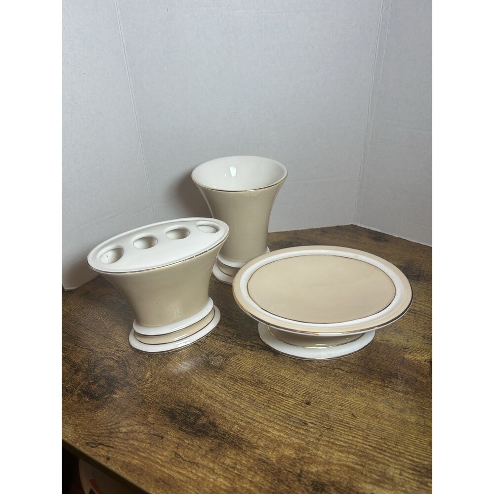 Beige White Gold Trim Ceramic Bath Set Toothbrush Holder Cup Soap Holder Decor - Picture 13 of 16